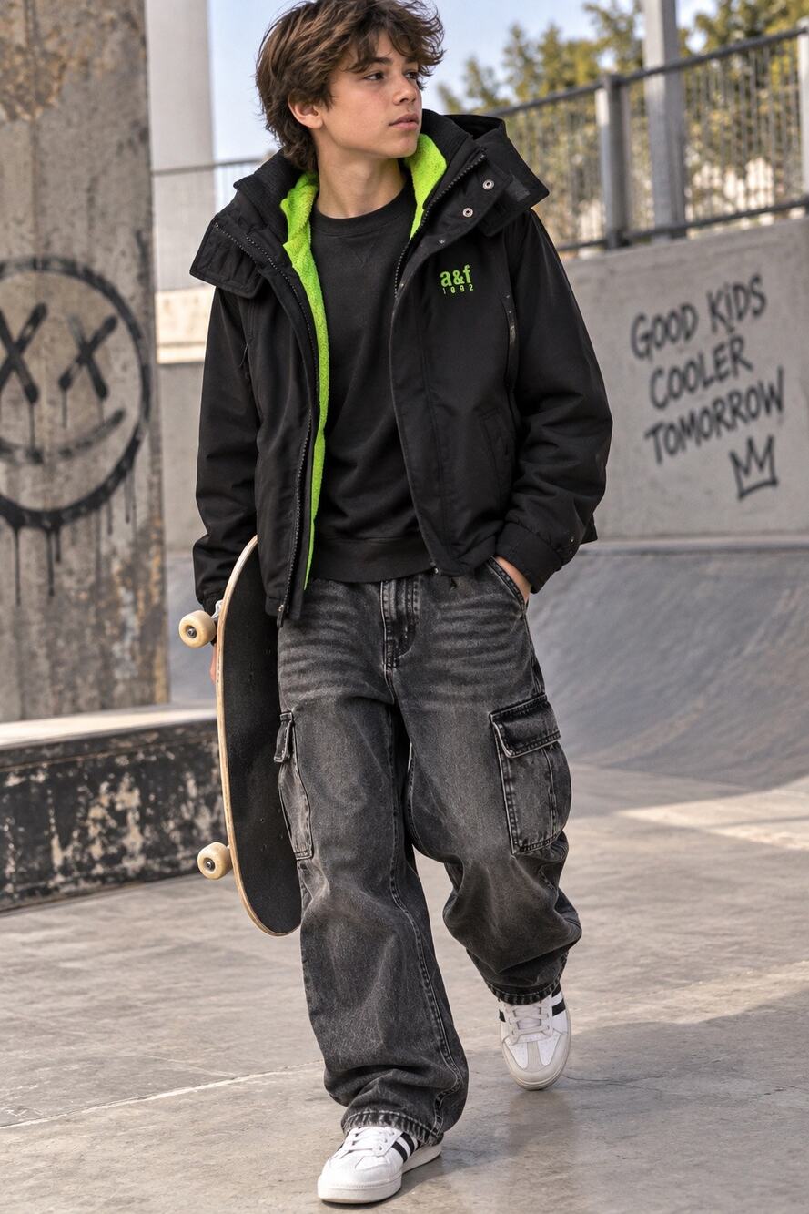 Abercrombie & Fitch Boys Y2K Tech Hooded Jacket Black Green M